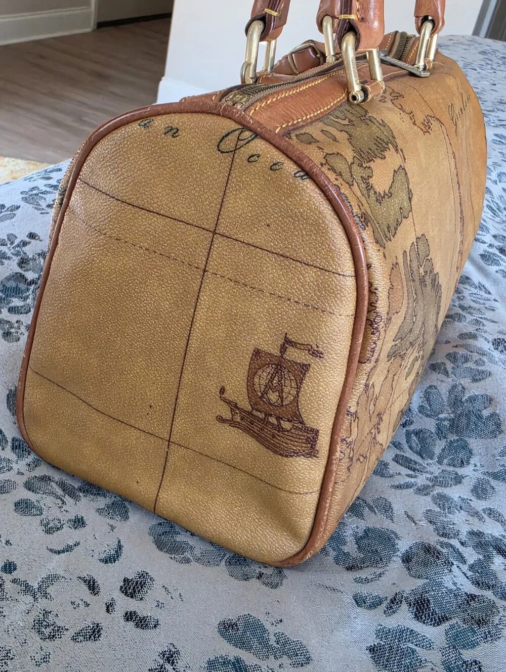 Authentic Alviero Martini Vintage Map-Print Satchel Handbag